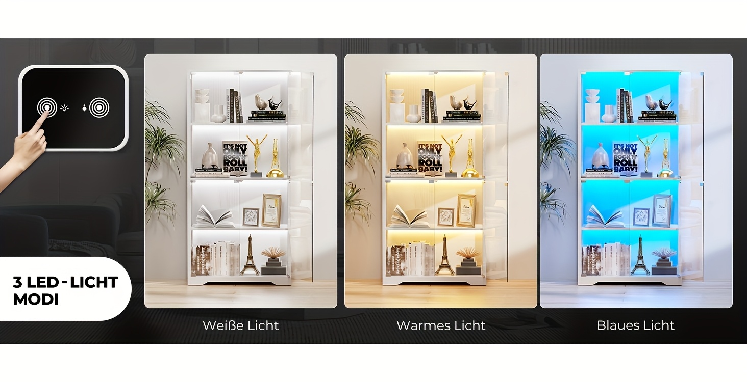 4 tier glass display cabinet with doors led lights 3 sensor shelves white modern minimalist storage organizer for collectibles books decor living room bedroom office bookshelf furniture contemporary furniture durable construction sleek details 2