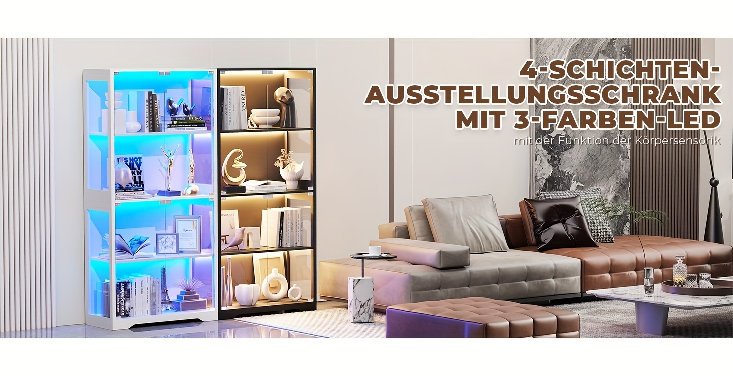 4 tier glass display cabinet with doors led lights 3 sensor shelves white modern minimalist storage organizer for collectibles books decor living room bedroom office bookshelf furniture contemporary furniture durable construction sleek details 1