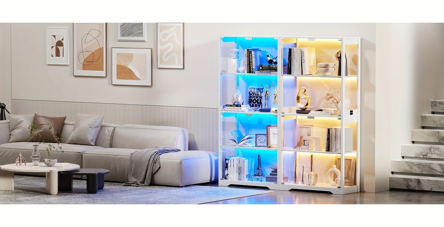 4 tier glass display cabinet with doors led lights 3 sensor shelves white modern minimalist storage organizer for collectibles books decor living room bedroom office bookshelf furniture contemporary furniture durable construction sleek details 0