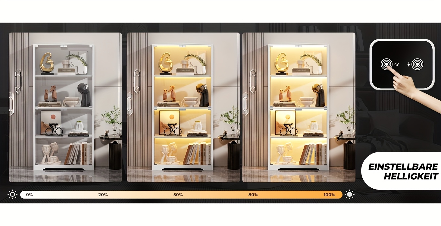 4 tier glass display cabinet with doors led lights 3 sensor shelves white modern minimalist storage organizer for collectibles books decor living room bedroom office bookshelf furniture contemporary furniture durable construction sleek details 3