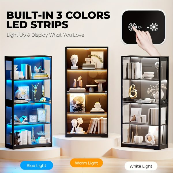 4-Tier Glass Display Cabinet with Doors & LED Lights, 3-Color Motion Sensor, Smart Motion Sensor & Glass Shelves - White Modern Minimalist Storage Organizer for Collectibles, Books, Decor - Living Room, Bedroom, Office, Bookshelf Furniture, Contemporary Furniture, Durable Construction, Sleek Finish